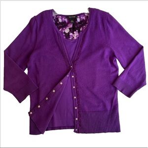 WHBM Purple Cardigan (L) Tank (M) Set Ruffle Detail Snap Button Business Casual